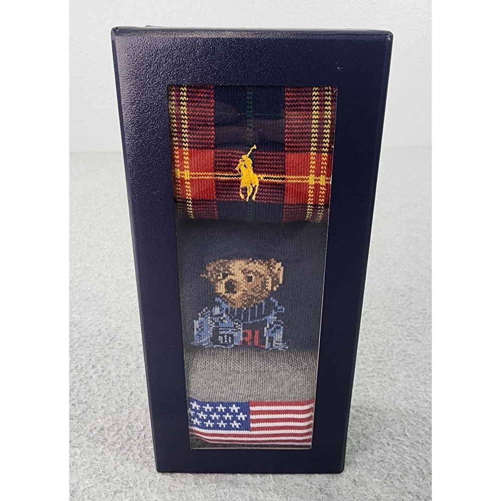 Polo Ralph Lauren Mens Dress Socks‎ 3 Pair Gift Box Bear Flag 10-13 Shoe 6.5-12